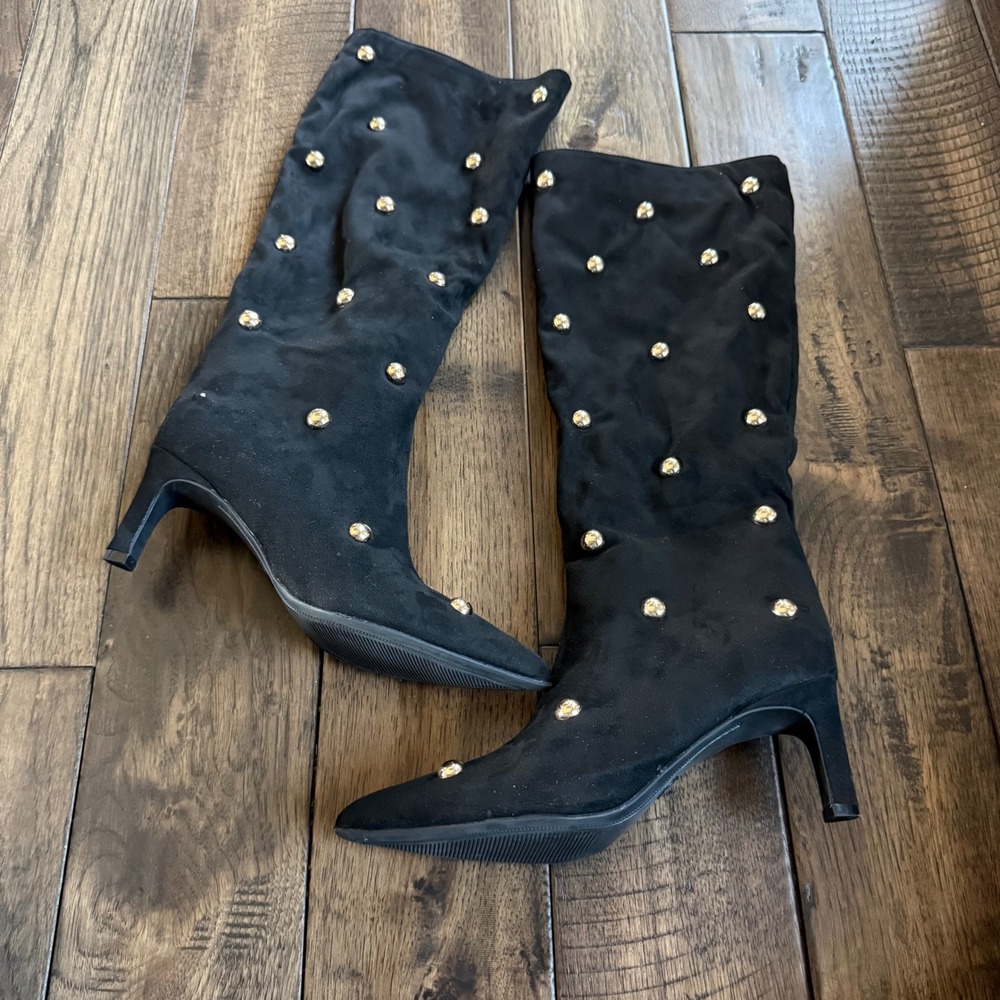 Target Women Black Faux Suede Studded Pointed Toe Heel Boots Size 7 Zip
